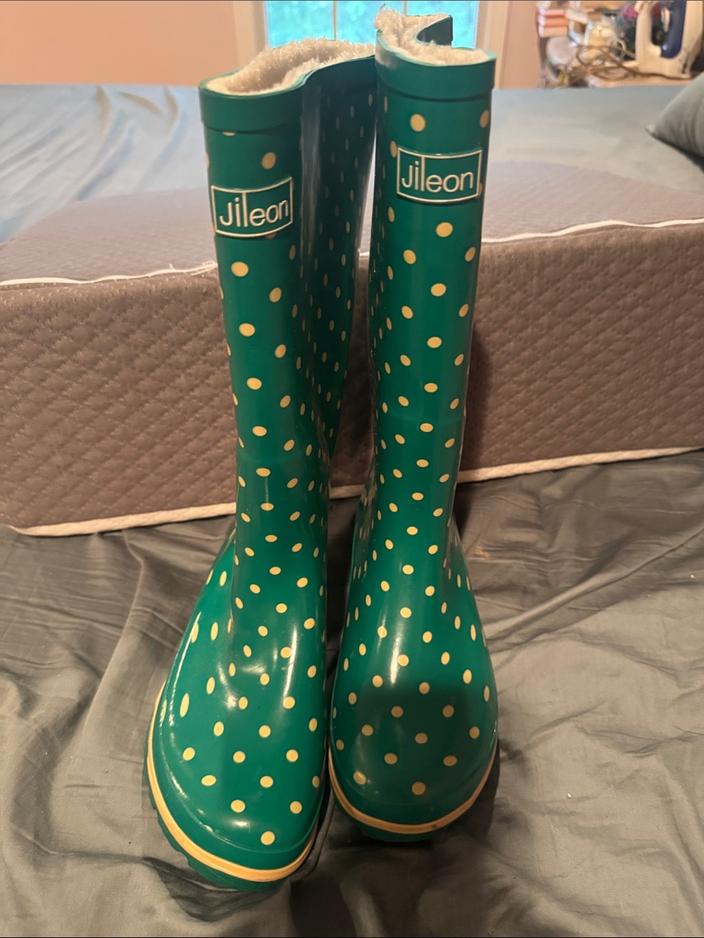 L.L. Bean Green Rain Boots with Cream Polka Dots